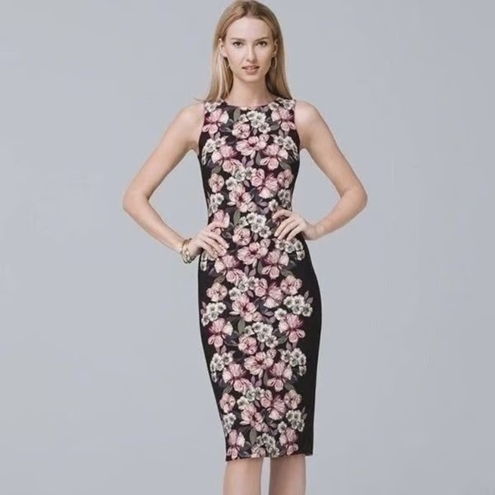 White House Black Market Floral Midi Dress - Black and Pink